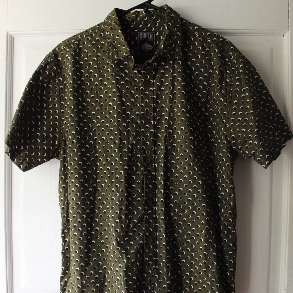 Super Massive Shirt Mens Large All Over Print Eye Moon Button Up Green 90s Y2K